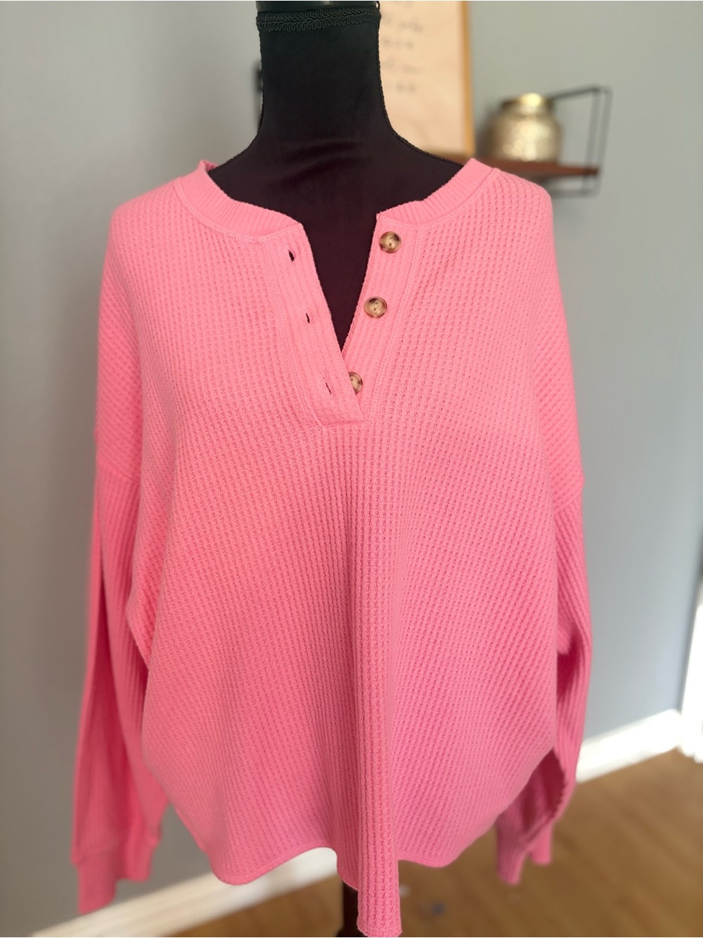 Old Navy Pink Waffle-Knit Henley Short Sleeve Top